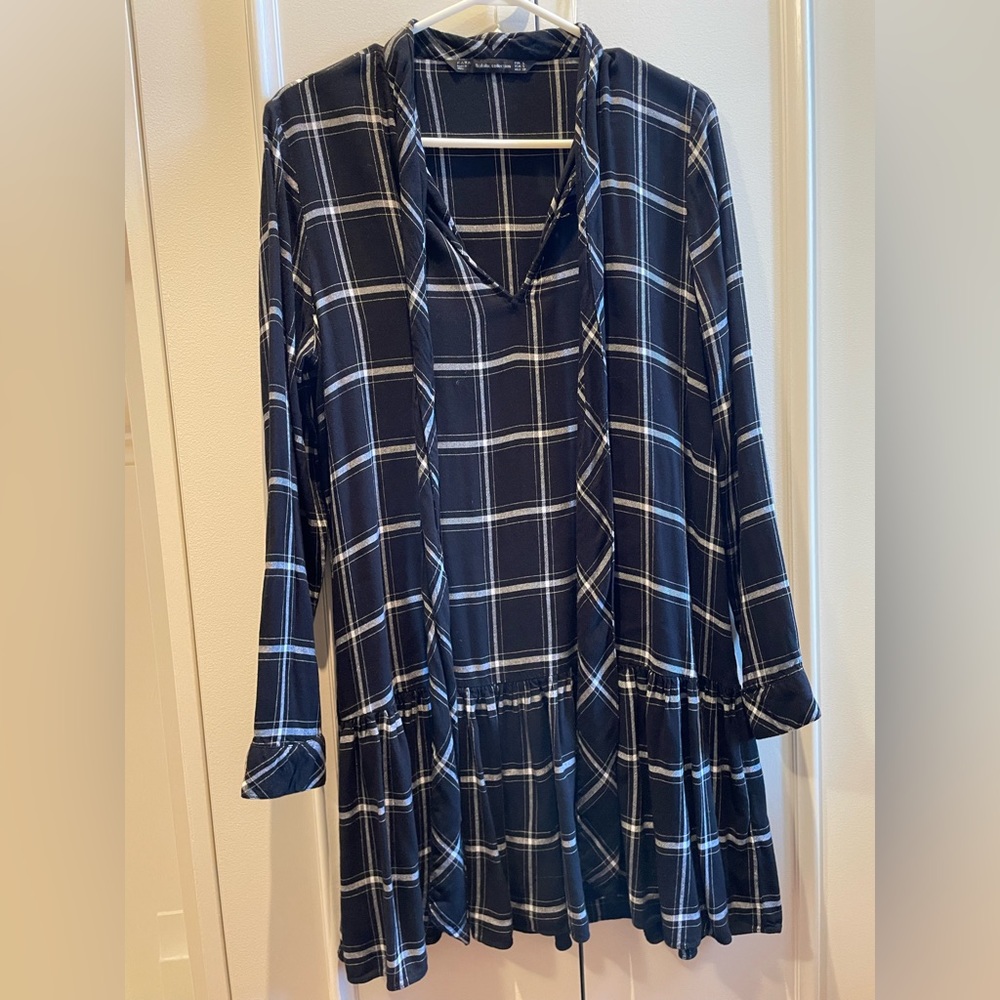 Zara Tartan Long Sleeve Drop Waist Tie Dress